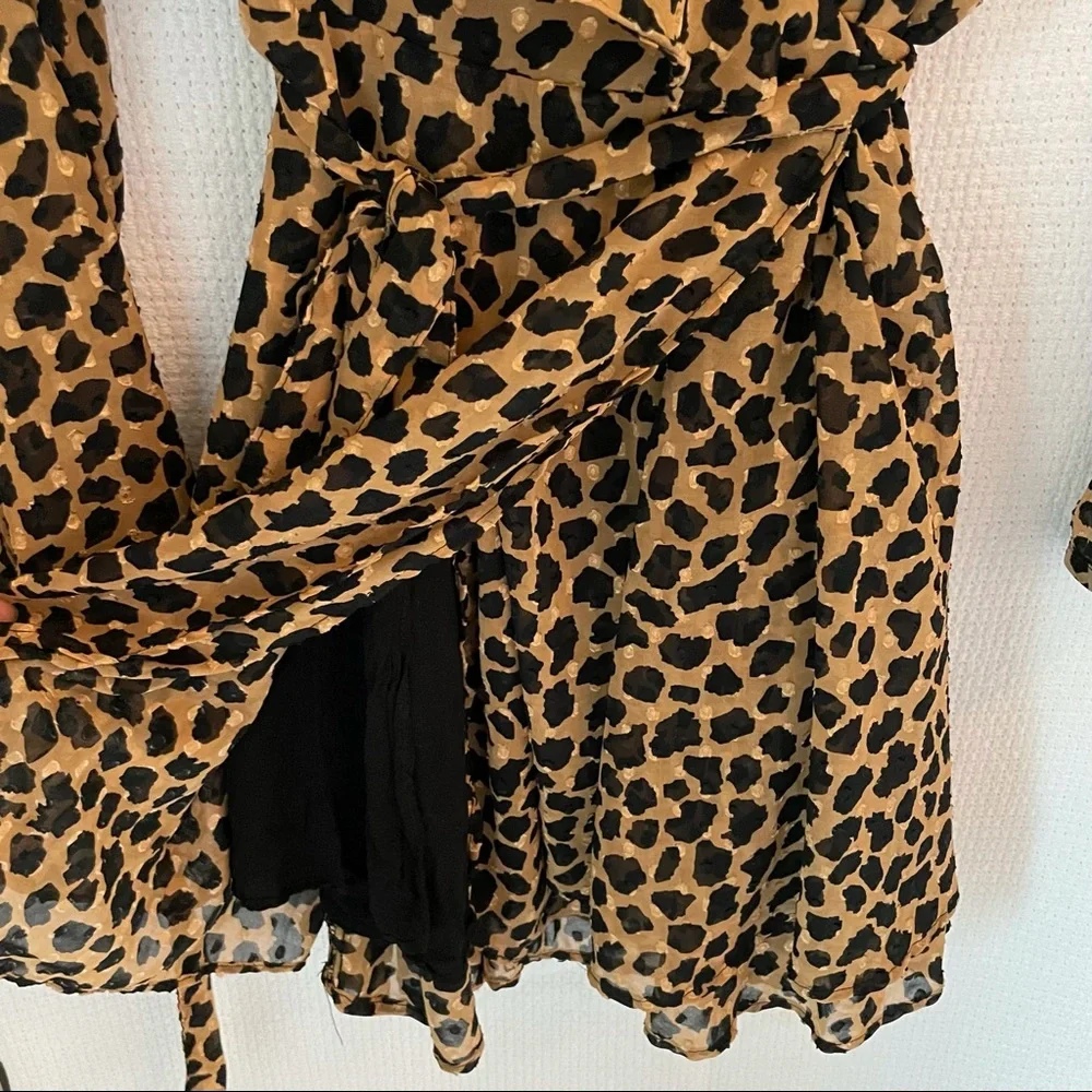 Free People Leopard Long Sleeve Boho Wrap Mini Dress w/ Ruffle V-Neck Collar